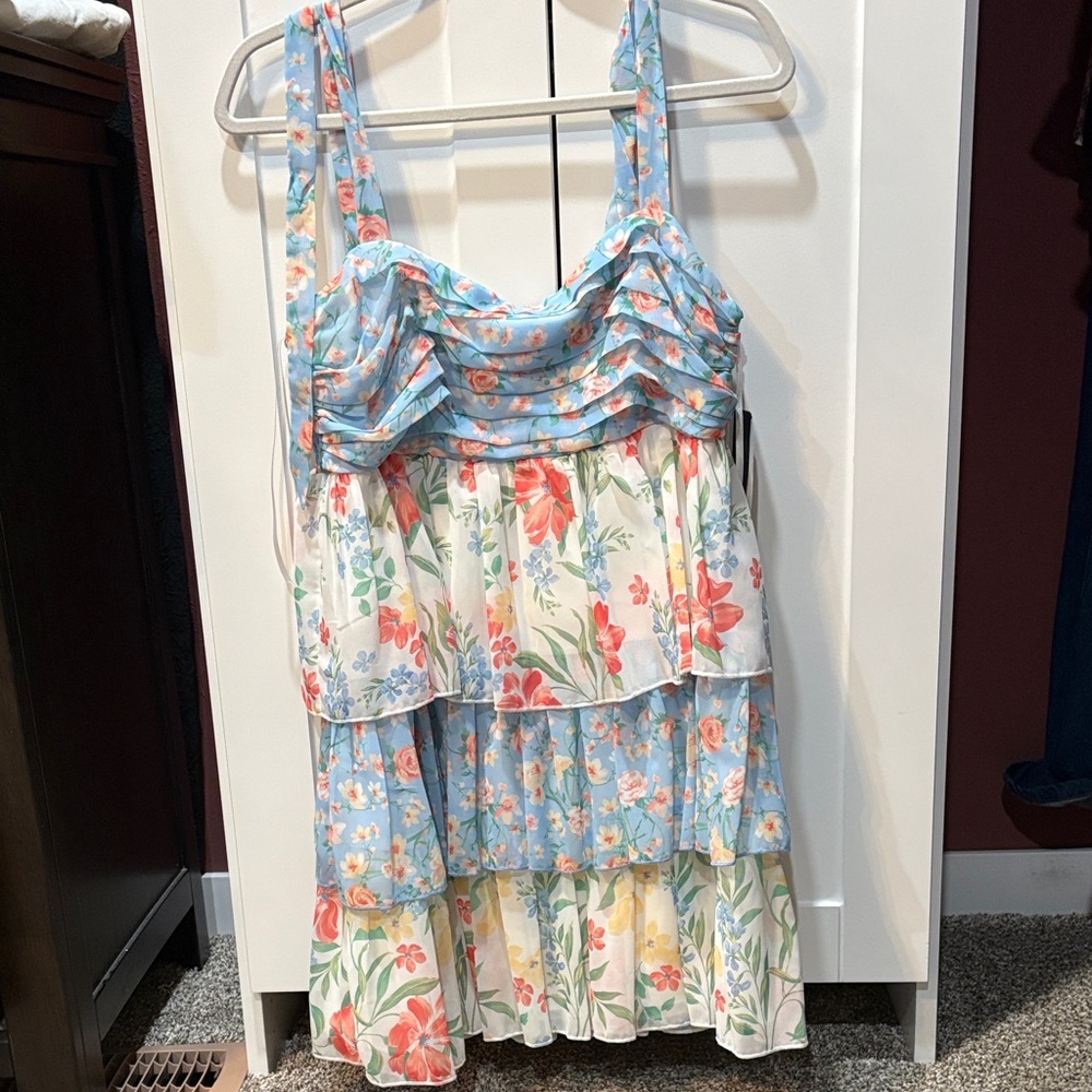 City Triangles Floral Ruffle Mini Dress - Blue and White